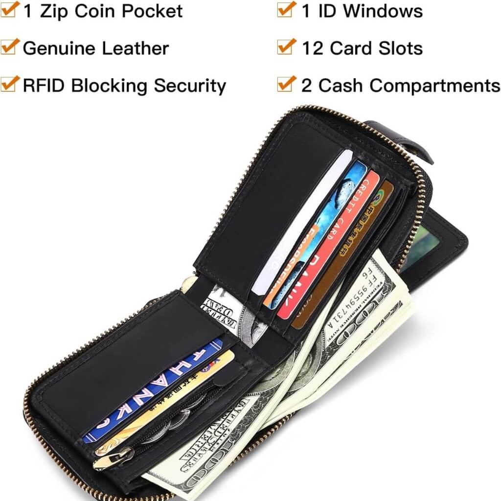 zip leather wallet men's